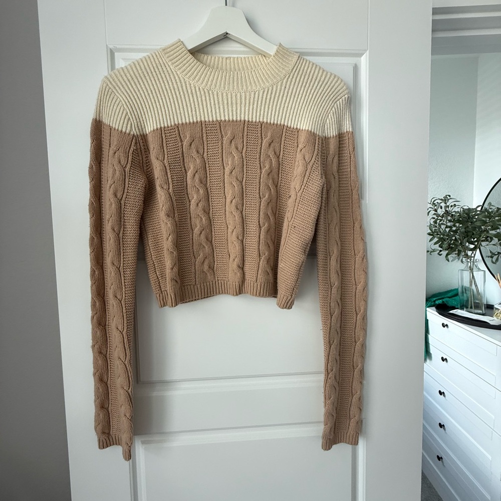 Club Monaco Merino Wool Cream and Tan Cable Knit Sweater, Size Small
